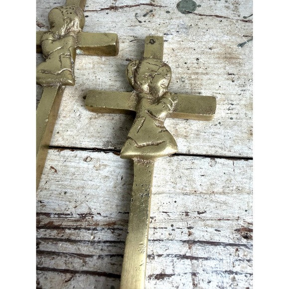 Vintage Brass Praying Child Wall Cross Set Boy and Girl Religious Decor 3pc - Picture 3 of 8